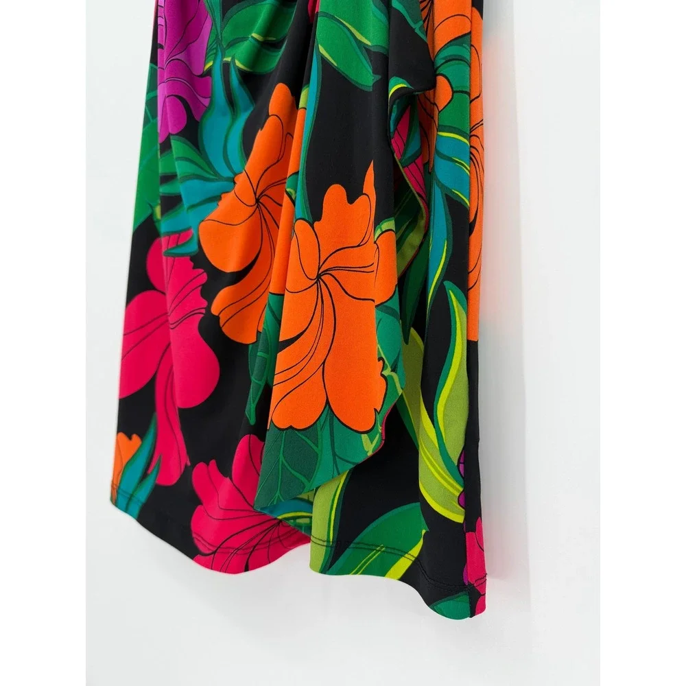 Susan Graver Liquid Knit Tropical Floral Dress and Cardigan Set Black Multi M